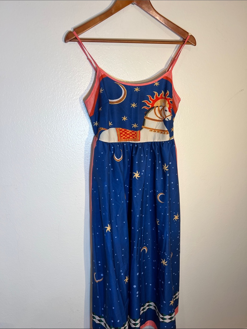 Starry Horse Crlestial Navy Blue Maxi Dress with Pink Trim Scoop Neck Festival M - Picture 5 of 5